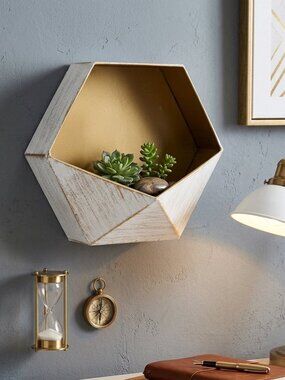 Geometric Hexagon Floating Wall Shelf - Distressed White & Gold Metal Decor